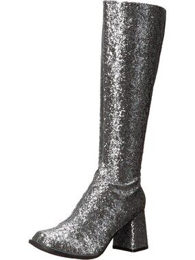 🆕Women's Silver Glitter Gogo Boots 60s 70s Disco Block Heel Shoes
